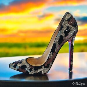 CHRISTIAN LOUBOUTIN BROWN SILVER BLACK LEOPARD PAILLETTES SEQUIN PIGALLE 36.5